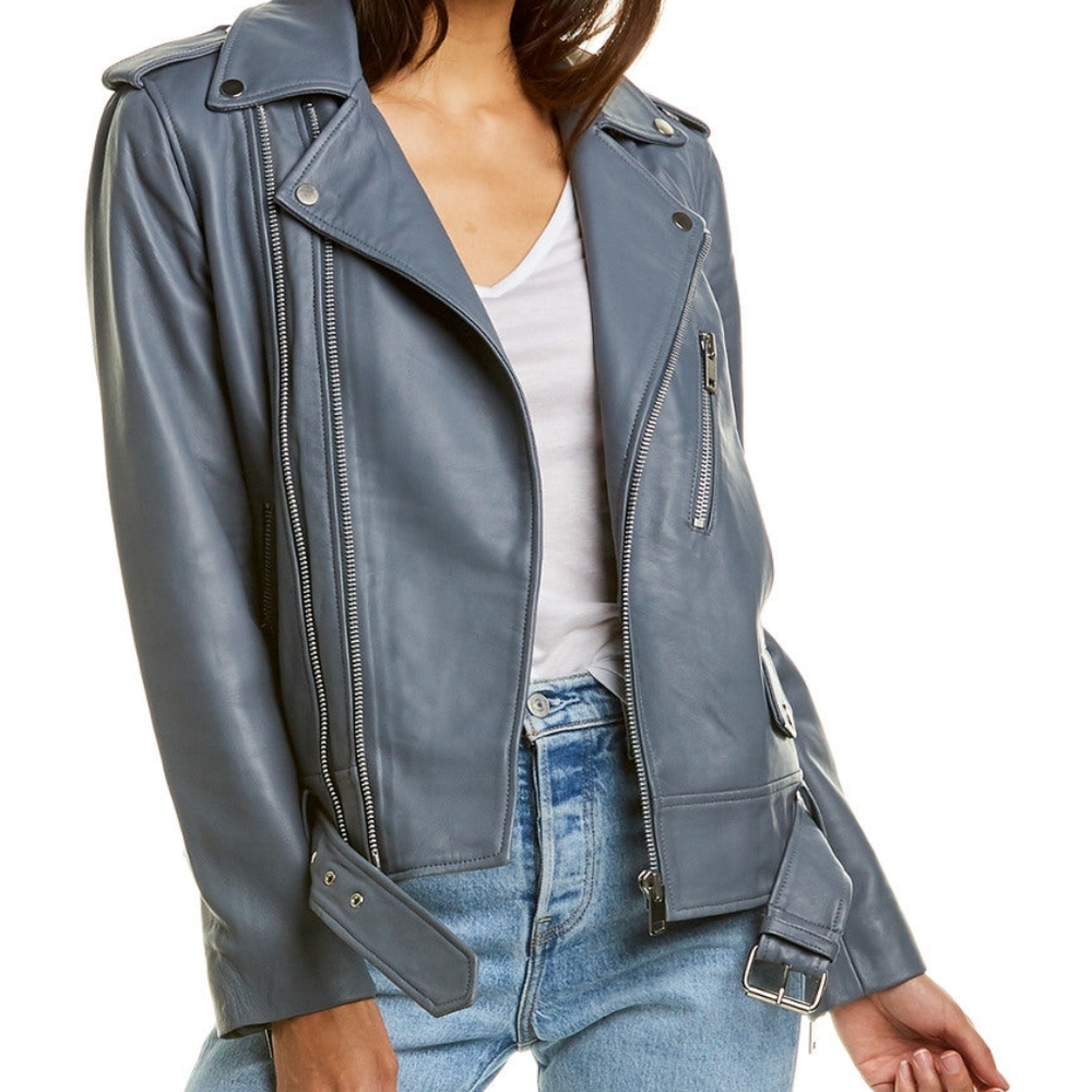 Walter Baker Leather Biker Jacket NWT steely blue Kingsley